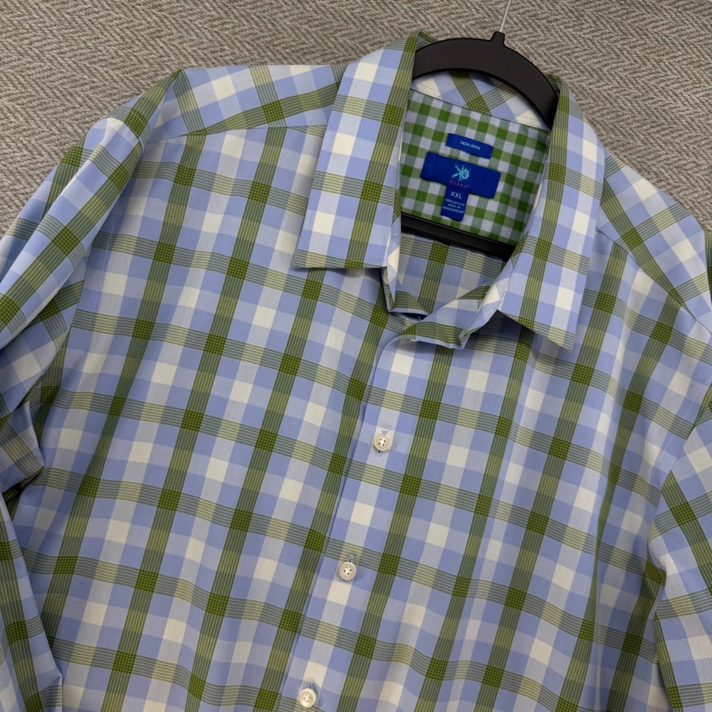 Egara Button Down Shirt XXL Blue Green Plaid 100% Cotton Non-Iron Long Sleeve